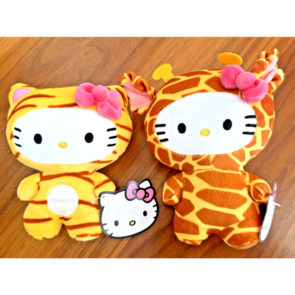2 Hello Kitty Plush Toy 6 inch tall Tiger & Giraffe Disguise Sanrio Bow NWT 2024